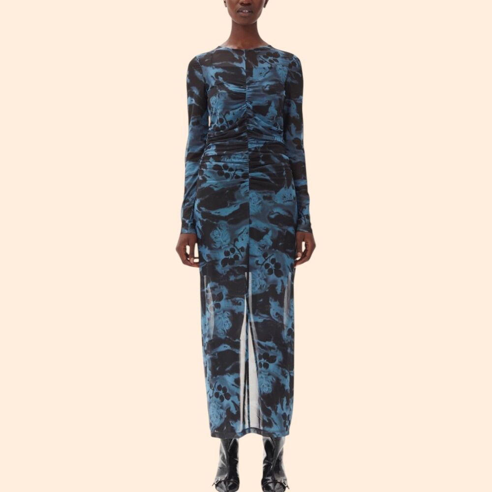 Ganni Printed Mesh Ruched Maxi Dress